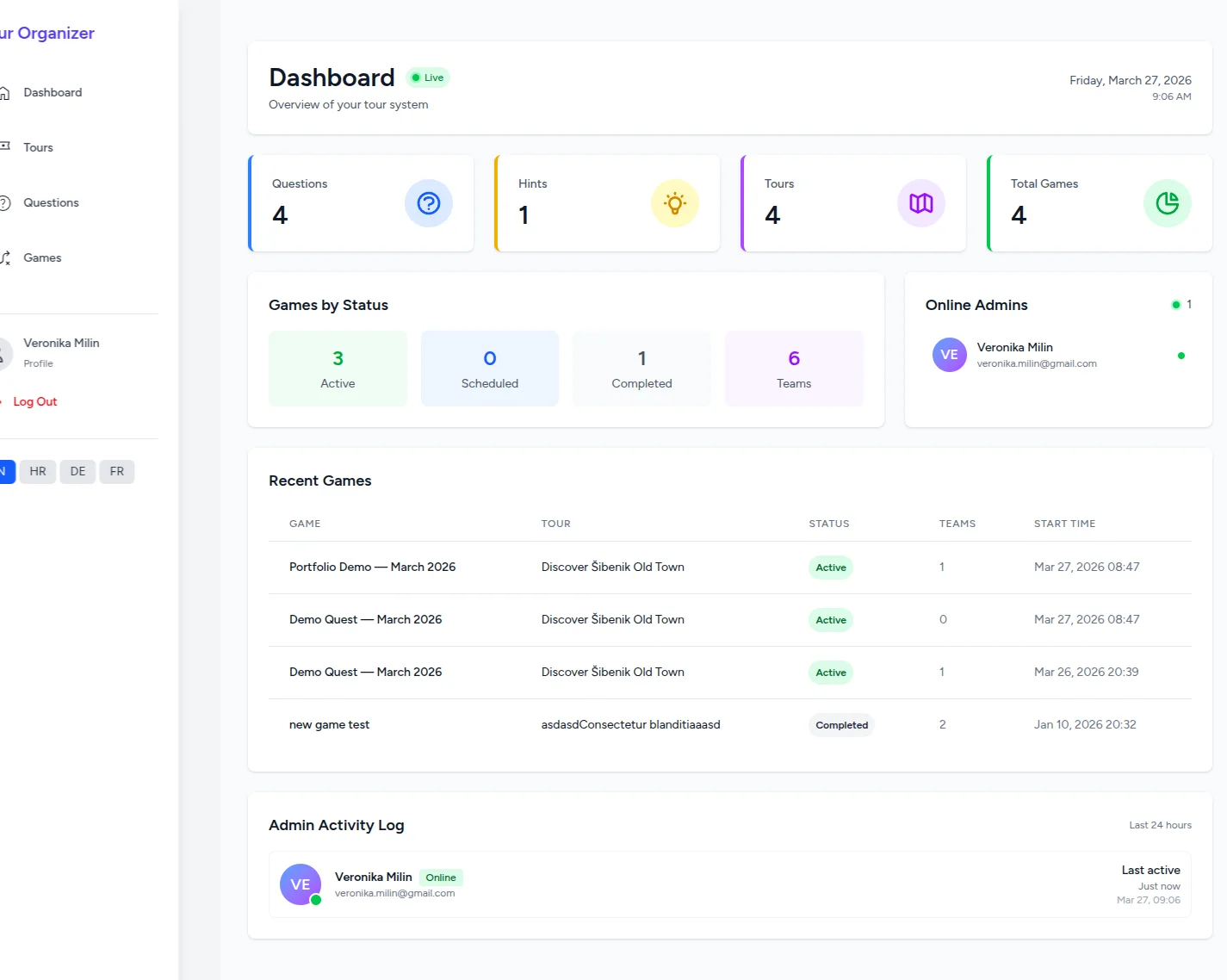 Quest &Scaron;ibenik organizer dashboard showing live game statistics