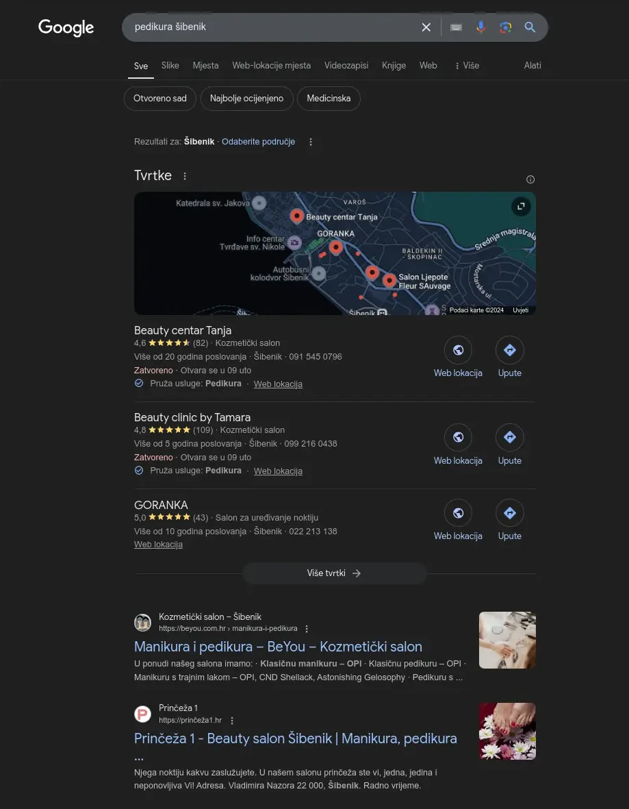 google search results for keyword pedikura sibenik