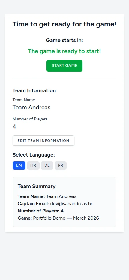 Quest &Scaron;ibenik team get-ready screen with countdown and language selection