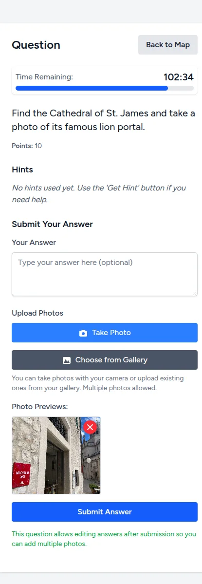 Quest &Scaron;ibenik challenge page with photo upload and hint system
